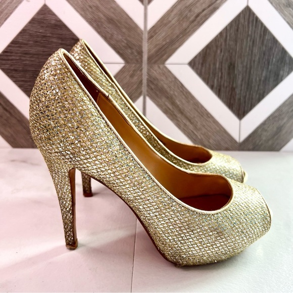 Badgley Mischka Humbie II Gold Glitter Sparkle Peep toe Platform size 7.5 - Picture 6 of 11